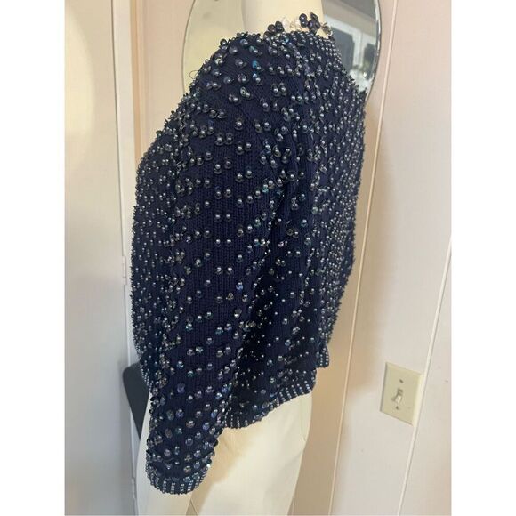 Topshop Navy Blue Fully Pearl & Sequin Beaded Open Front Cotton Cardigan 8 - Picture 4 of 7